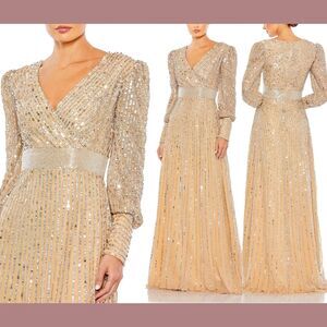 NWT $598 Mac Duggal [ 20 ] Sequined Wrap Over Bishop‎ Sleeve Gown Vanilla #S1007